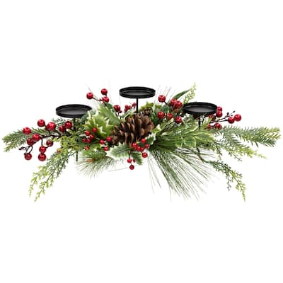 Holly and Berries Christmas Pillar Candle Holder with Pine Cones - 28"