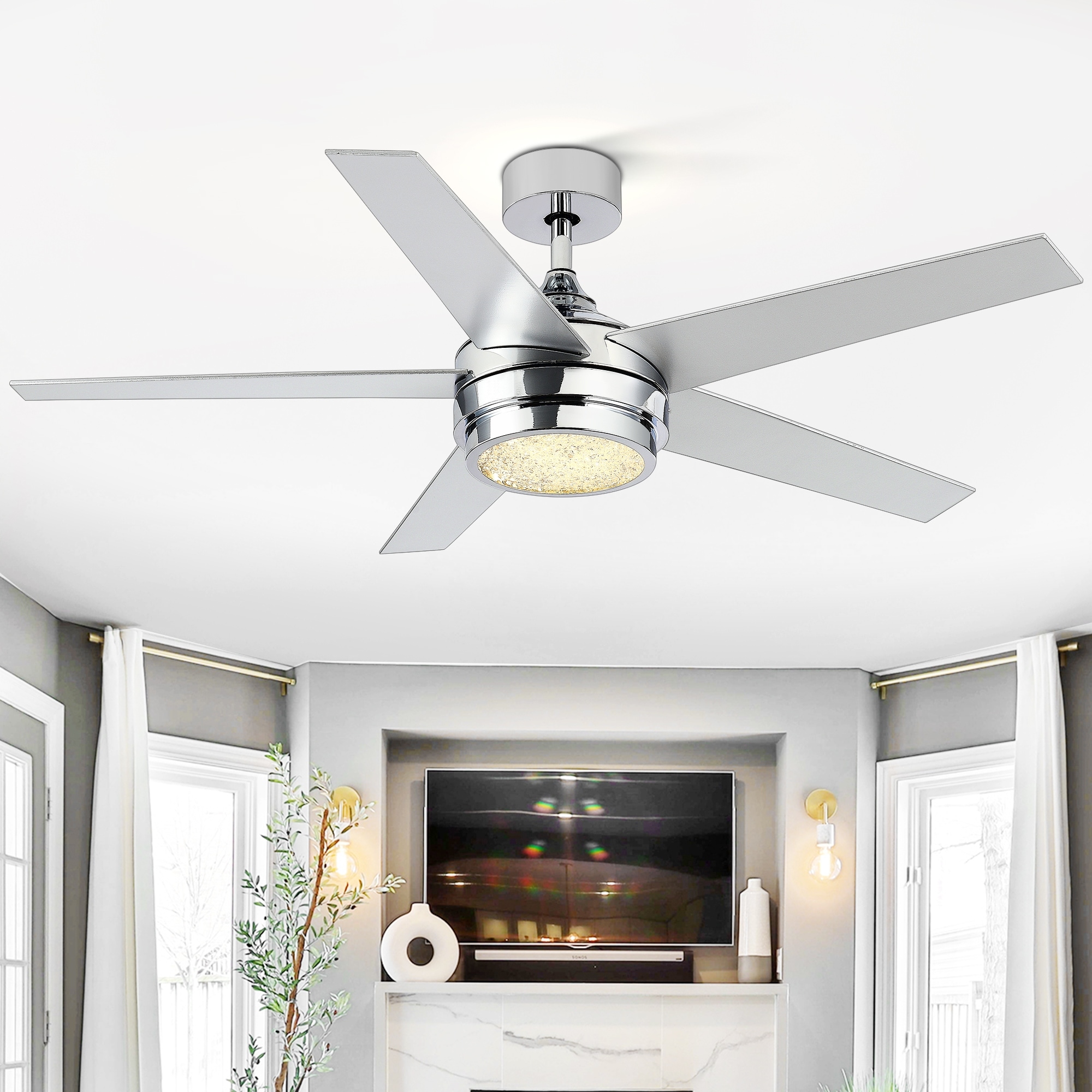 52-In Modern LED Chrome Ceiling Fan with Light Remote