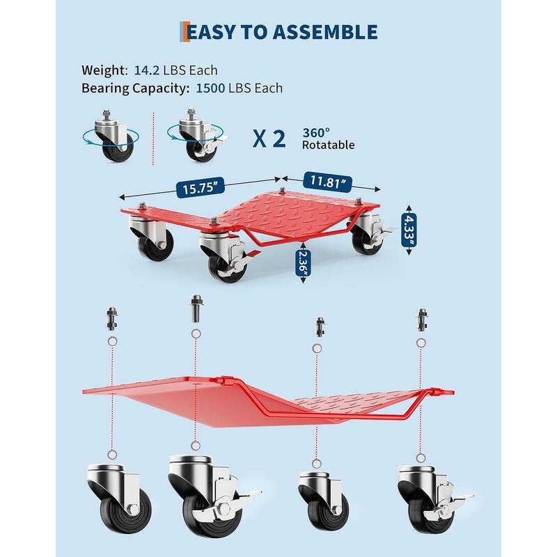 4 pcs Heavy-Duty Car Wheel Dolly Set 6000-lb Capacity with 360Degree Swivel Casters and Anti-Skid Plate Red
