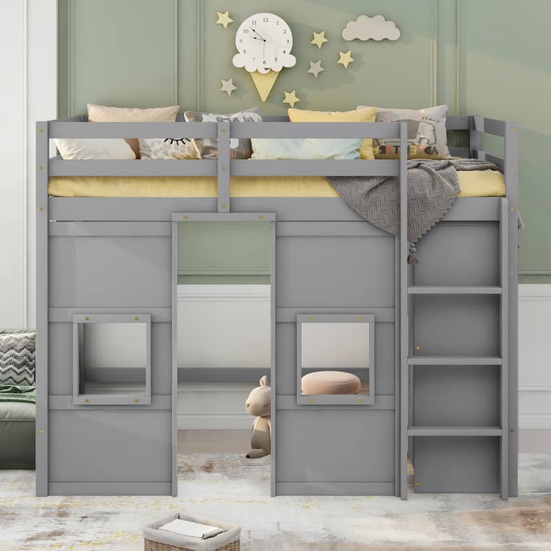 Gray Twin Size Pine Wood Loft Bed with Built-in Wardrobe, 2 Windows, and Guardrails