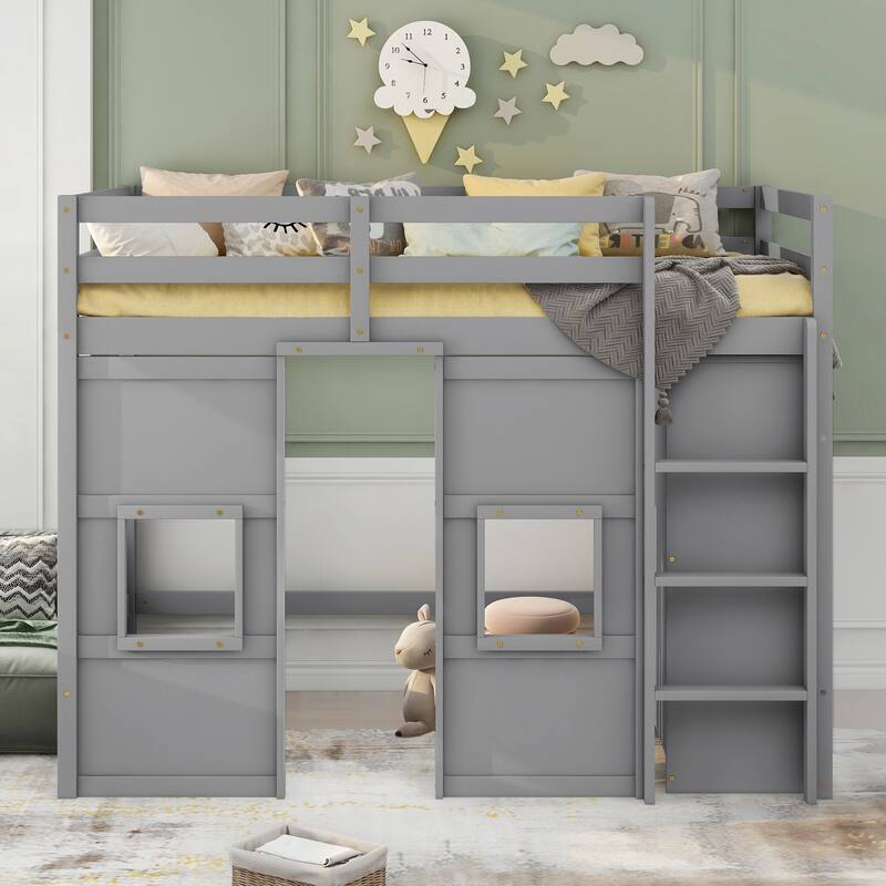 Twin Size House Loft Bed with Built-in Wardrobe & Guardrail, Wooden Twin Loftbed Frame with Large Under-Bed Space for Kids Teens