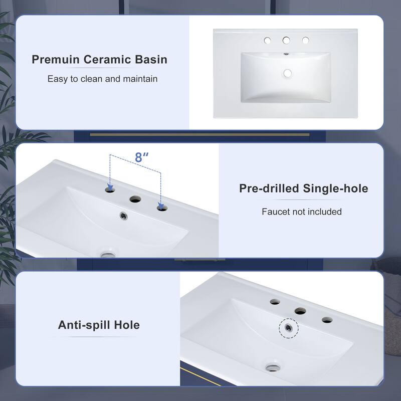 Modern 30inch Navy Blue/White Bathroom Vanity Cabinet Combo with Open Storge, Two Drawers