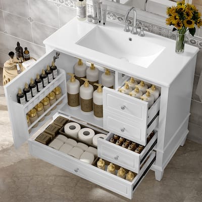 36" Bathroom Vanity with Ceramic Sink - MDF & Solid Wood Base, 3 Drawers & Storage Cabinet, Freestanding Design, 4" Faucet Holes