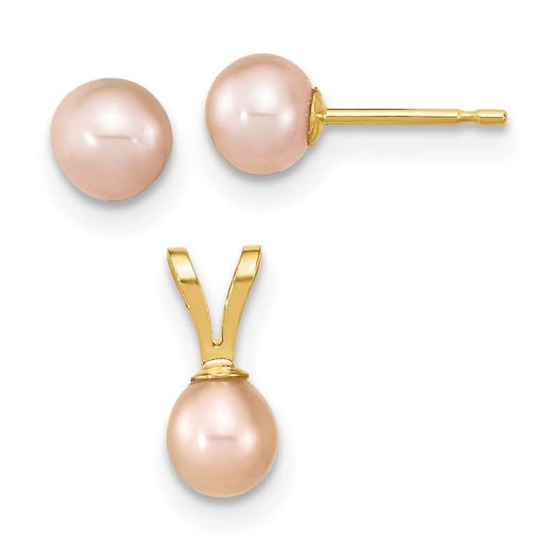 Curata 14k Yellow Gold 4-5mm Rd Pink Freshwater Cultured Pearl Earrings and Pendant Necklace Set