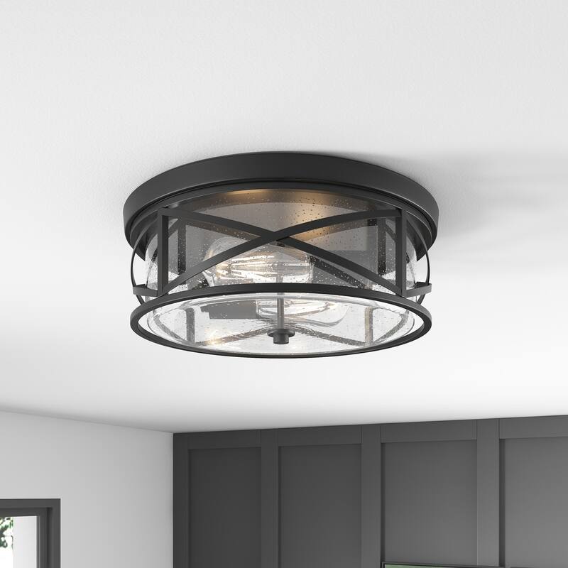 Farmhouse 2-Light Metal Frame Flush Mount Close to Ceiling Light with Seeded Glass Shade - Black