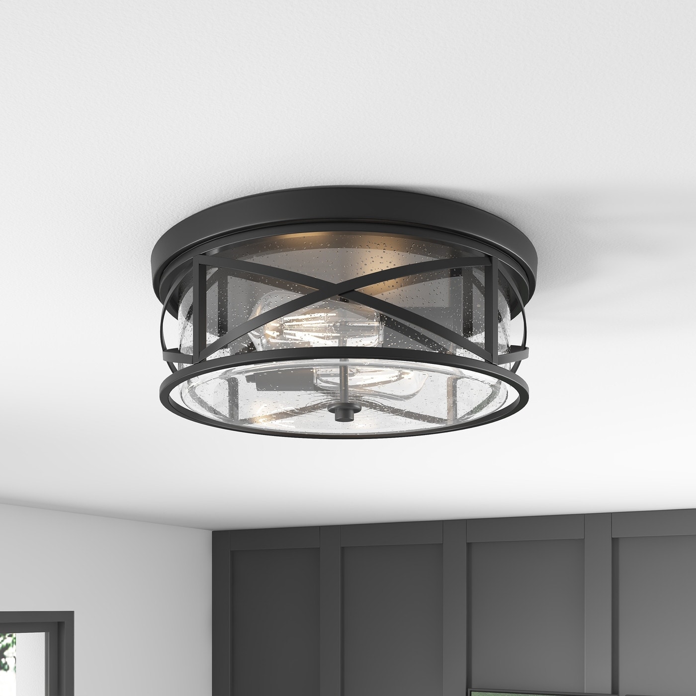 Farmhouse 2-Light Metal Frame Flush Mount Close to Ceiling Light with Seeded Glass Shade