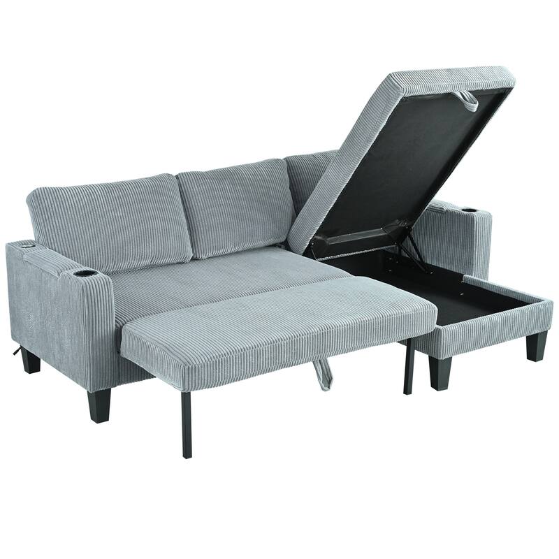 Reversible L-Shaped Sectional Sofa with Storage Chaise, USB Ports, Arm Cup Holder, Modern Corduroy Sleeper Couch for Living Room
