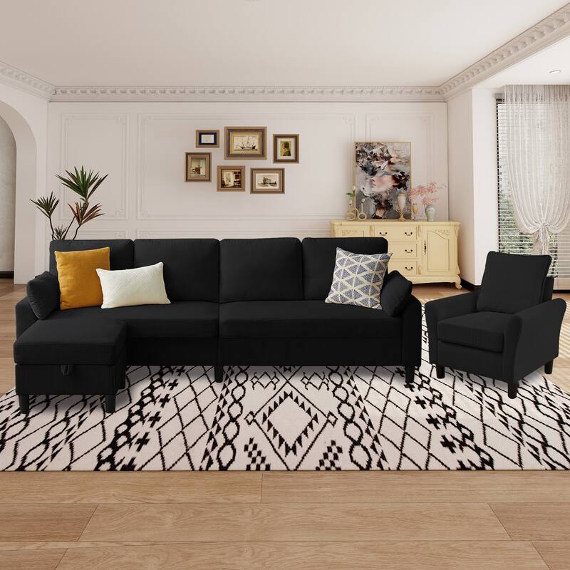 101"Corduroy 3 Piece Living Room Set Including 4 Seater Sofa ,Storage Ottoman and Chair - Black