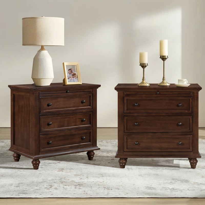 Modern 3-Drawer Nightstand (Set of 2) with Pull Out Tray for Organized Living Spaces - Brown