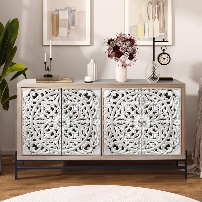 Elegant Storage Sideboard Cabinet with Carved Wood 4-Door for Living Room or Dining Area - White&Natural