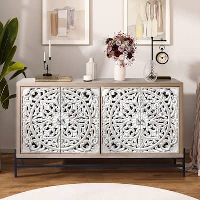 Elegant Storage Sideboard Cabinet with Carved Wood 4-Door for Living Room or Dining Area