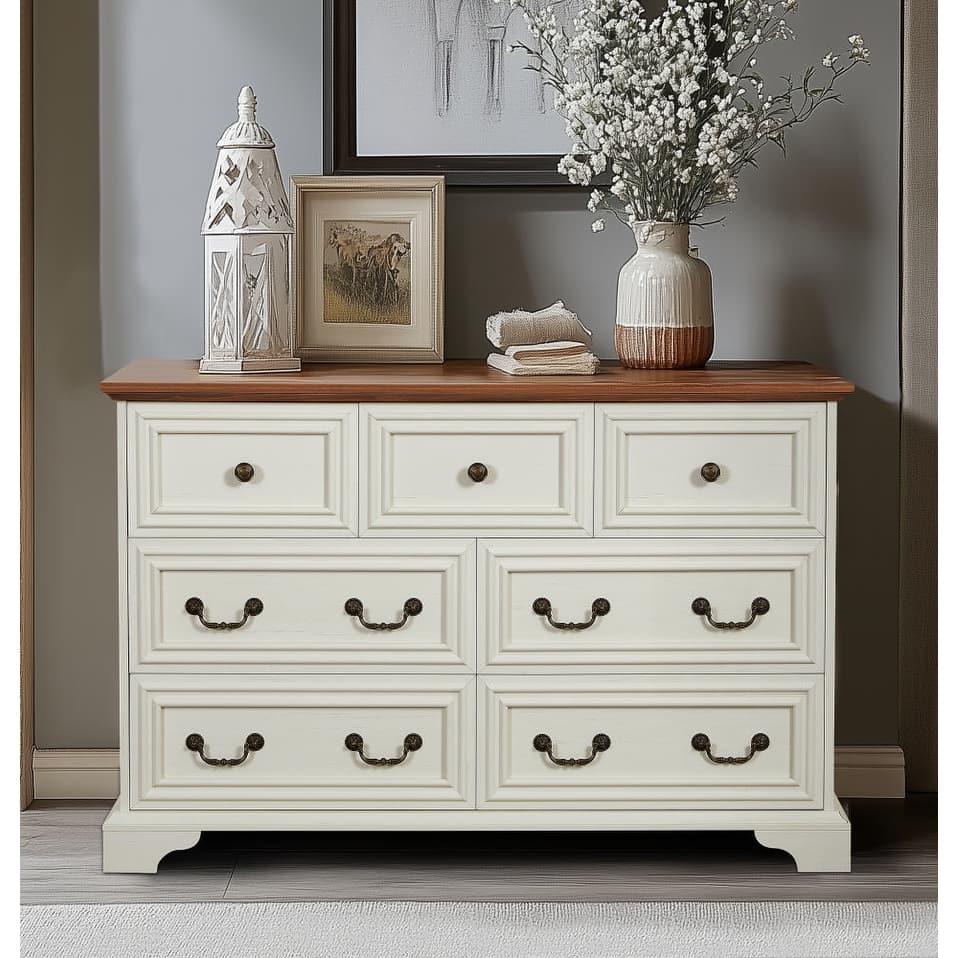 Anmytek Rustic Farmhouse 7-Drawer Dresser - Antique White Vintage Storage Organizer