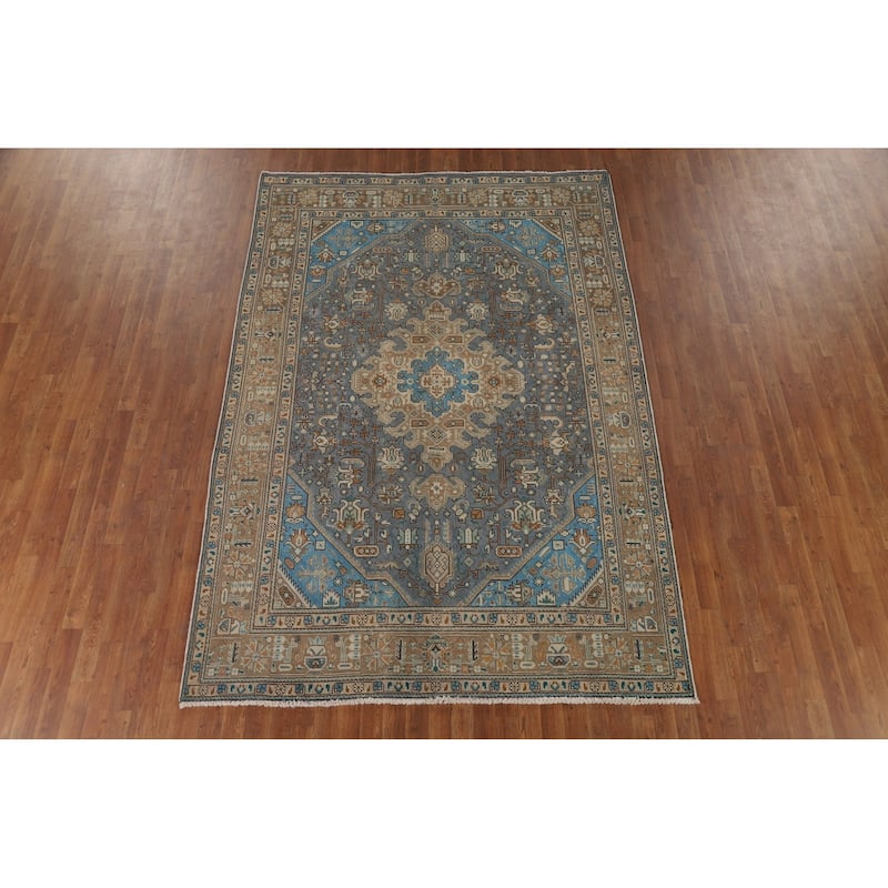 Blue Geometric Tabriz Vintage Persian Rug Hand-Knotted Wool Carpet - 6'5" x 9'4"