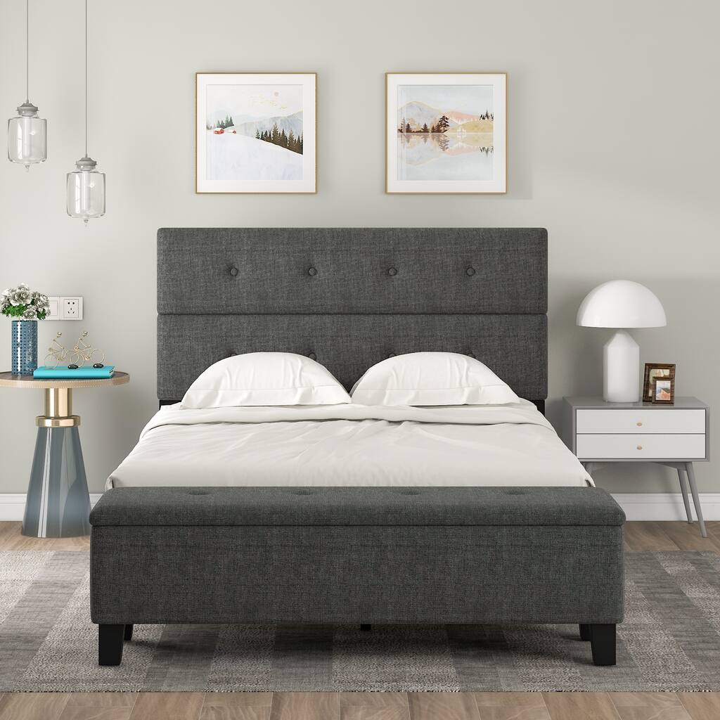 Tufted Upholstered Storage Platform Bed with Footside Flip Top Case Wood Panel Bed for Small Aprtment Dorm Bedroom