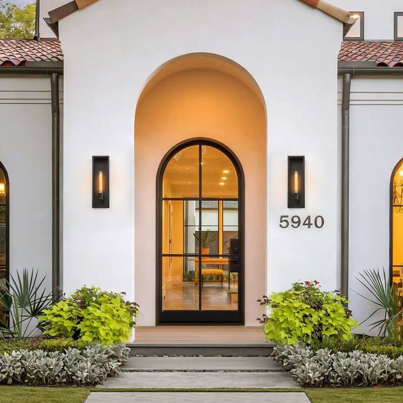 1-Light Matte Black Rectangular Iron & Glass IP44 Outdoor Wall Sconce for Patio - 1 Lighgt