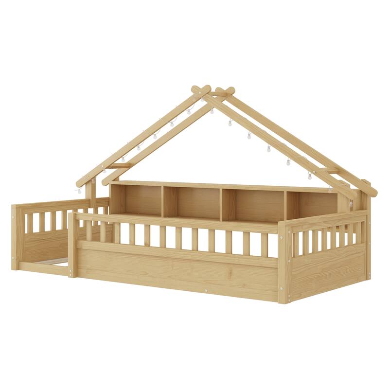 Twin/Full Floor Bed with Storage Bookshelves & Roof Shape for Kids