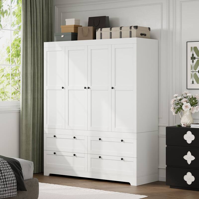 Gyomojoy Large White Wardrobe Closet with Drawers & Doors, Modular Armoire with Hanging Rods, Apartment & Dorm Storage - 4 Door 4 Drawers