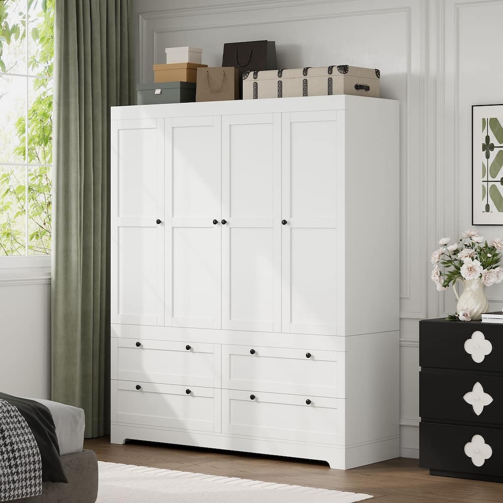 Gyomojoy Large White Wardrobe Closet with Drawers & Doors, Modular Armoire with Hanging Rods, Apartment & Dorm Storage