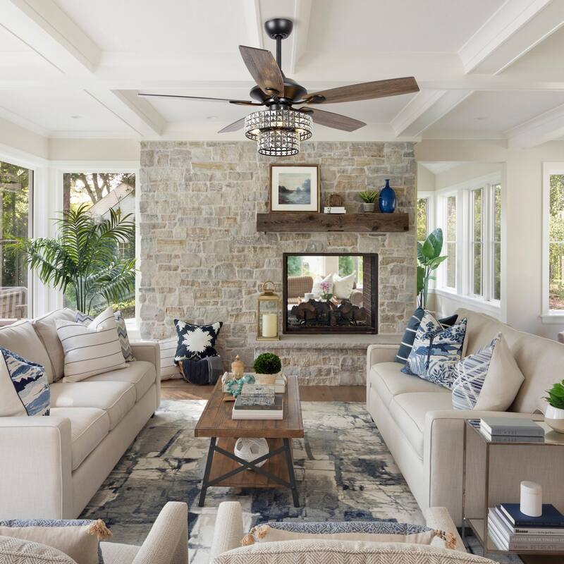52-inch Modern 4-Light Dual Crystal Shade Ceiling Fan with Remote