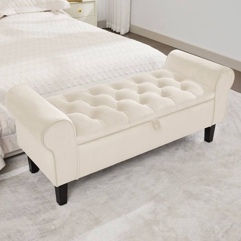 Upholstered Velvet Storage Ottoman Bench with Lift-Top Storage and Solid Rubberwood Legs - Beige