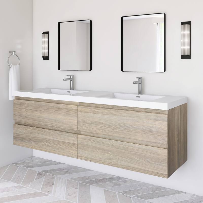 Modern Wall-Mounted Bathroom Vanity with White Solid Surface Top