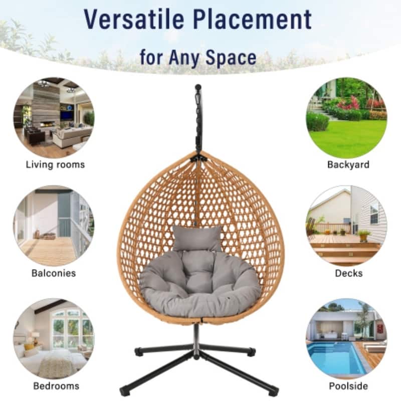 Hammock Chair with Stand - Durable Rattan Egg Chair, Indoor/Outdoor Swing with Removable Cushion for Balcony, Garden