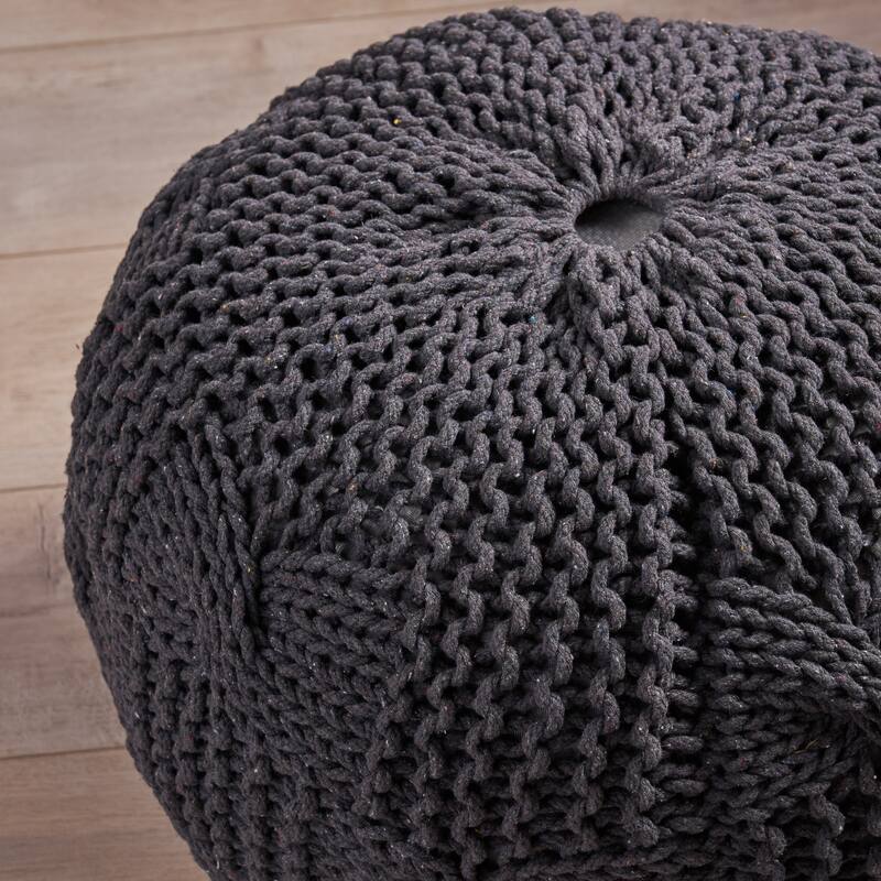 Bordeaux Knitted Cotton Round Pouf,Comfortable choice, multiple functions, classic design, and cozy corners - Dark Gray - Small