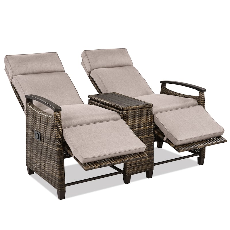 Recliner Loveseat Chair,Adjustable Backrest Wicker Outdoor Lounge Chair Set With Acacia Wood Armrests And Built-In Storage Table