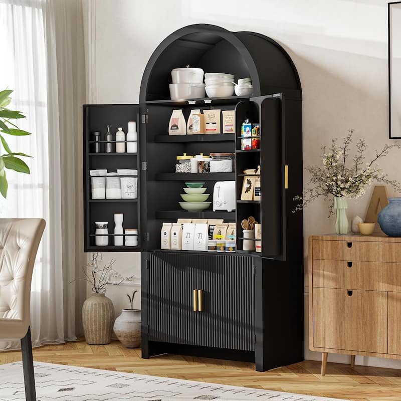 BOSSIN 71" Arched Fluted Door Pantry Cabinet, 9-Shelf Storage Organizer for Kitchen,Bathroom,Natural Wood Finish