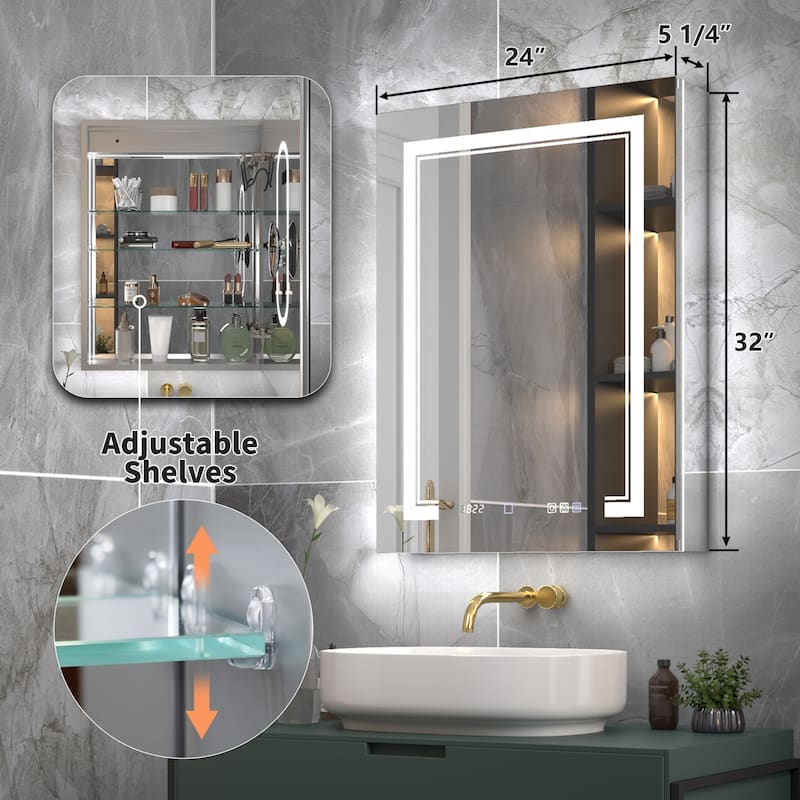 Modland Recessed Smart Mirror Cabinet 24-48x32" with Lights, Anti-Fog, Outlet & Magnifier - Adjustable Shelves - 24x32