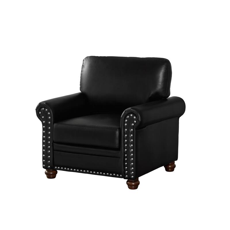 Single Seat Living Room Sofa Chair with Wood Legs, Black Faux Leather