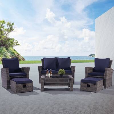 6pcs Wicker Patio Conversation Set Rattan Seating Loveseat Sofa Chair