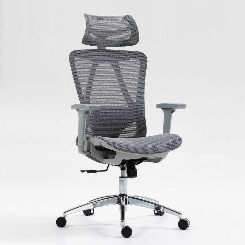 Modern High-Back Mesh Office Chair with Height-Adjustable Headrest, Lumbar Support and Reclining Backrest - Grey