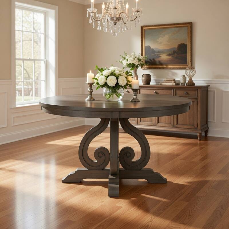 Luon 54 Inch Dining Table, 6 Seater Round Top, Scrolled Metal Base, Brown