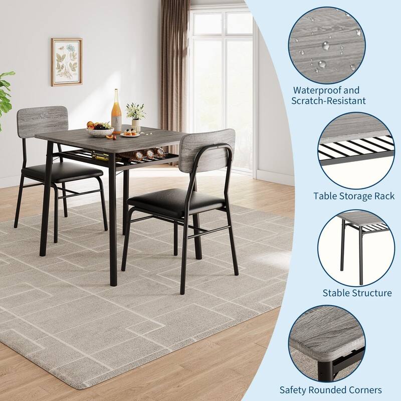 3-Piece Dining Room Set, with Storage Rack and Metal Frame