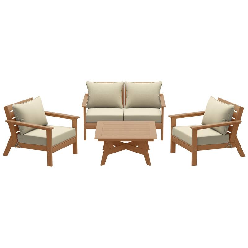 Birchwood All Weather HDPE Outdoor Patio Teak Deep Seating Conversation Set (5-Piece Set)