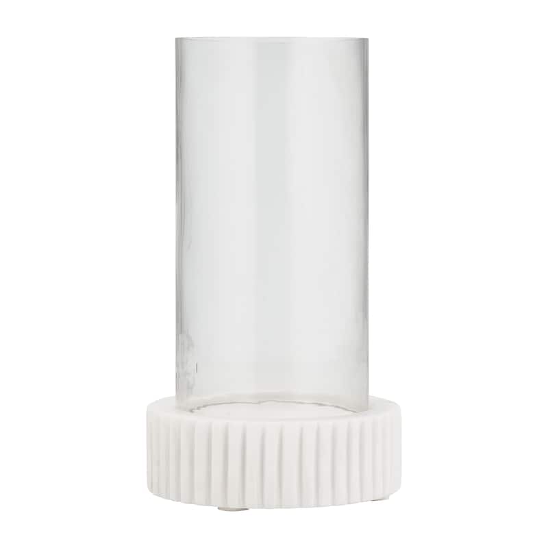White Marble Hurricane Candle Holder Contemporary Marble and Glass Decorative Candle Display for Home or Office Accent - 6" x 6" x 11" - White