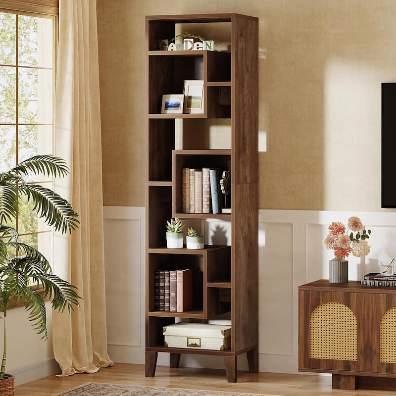 71" Tall Narrow Bookshelf, 8-Tier Staggered Skinny Bookcase