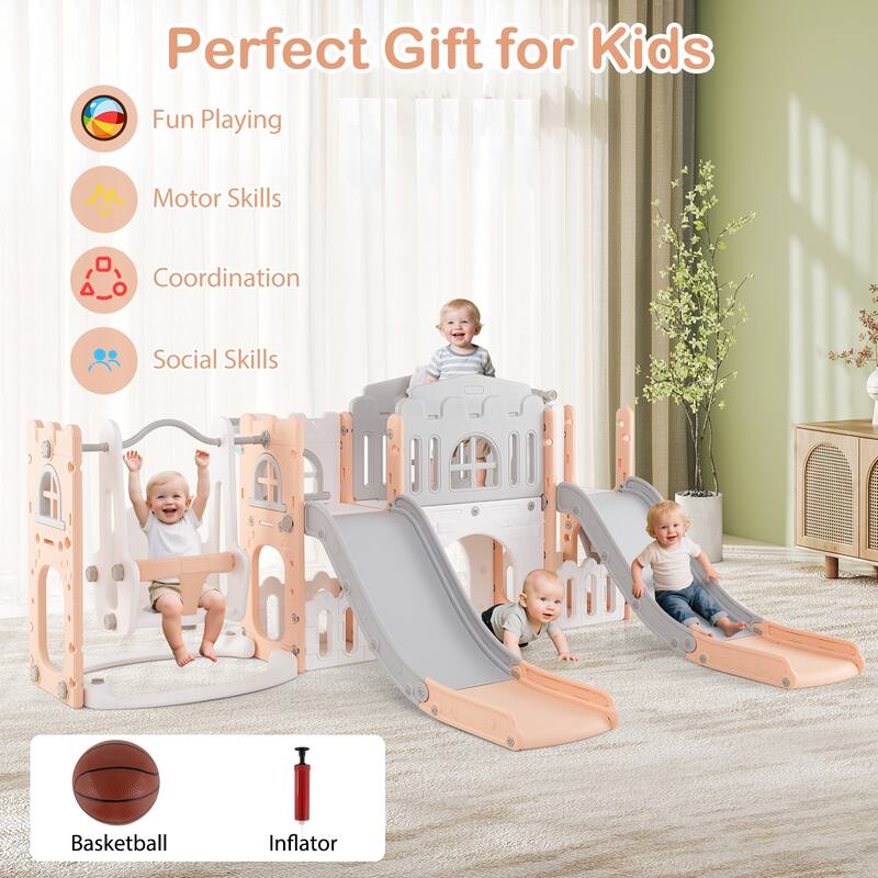 Gymax 10 in 1 Toddler Swing & Slide Set w/Basketball Hoop Telescope