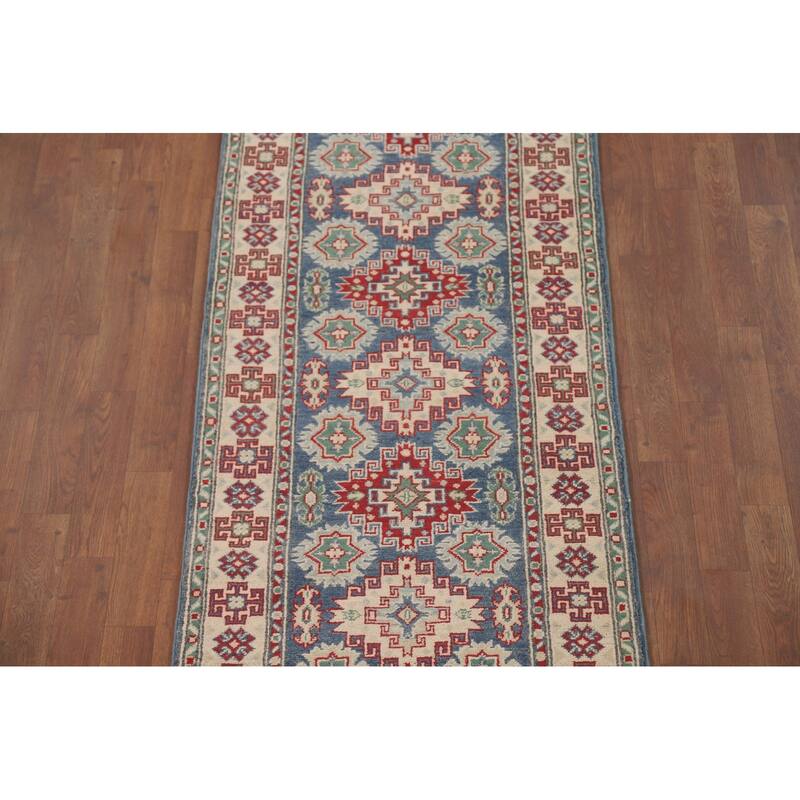 Geometric Kazak Runner Rug Hand-Knotted Blue Wool Carpet - 2'6" x 12'8"