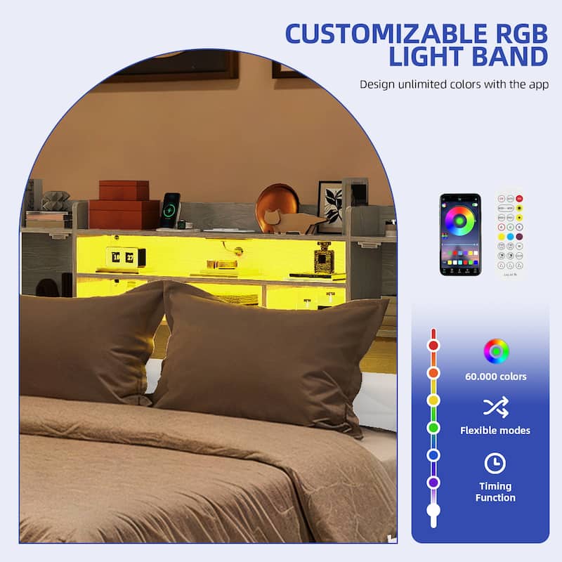 Queen/King Upholstered Bed Frame with RGB LED Lights & Storage Bookcase Headboard