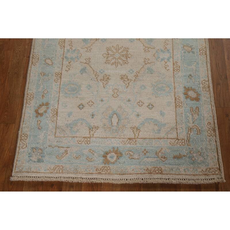 Hand Knotted Oriental 100% Wool Carpet Transitional Geometric Beige & Ivories Oushak Area Rug - 3' 11'' X 2' 11''