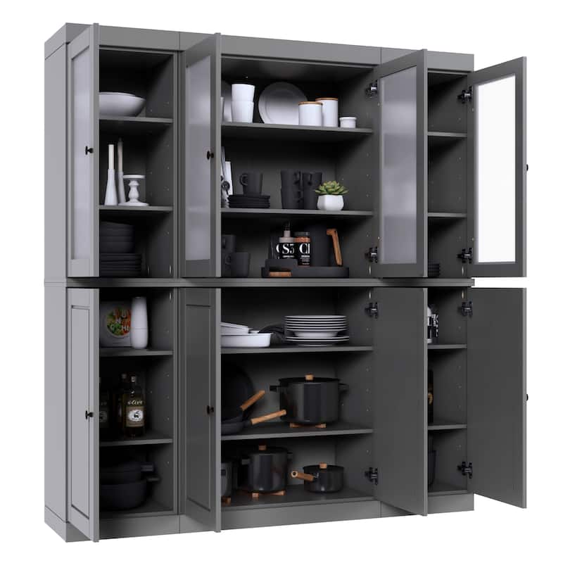 100% Solid Wood 65" Pantry China Cabinet with Solid, Frosted Glass Doors and Adjustable Shelves
