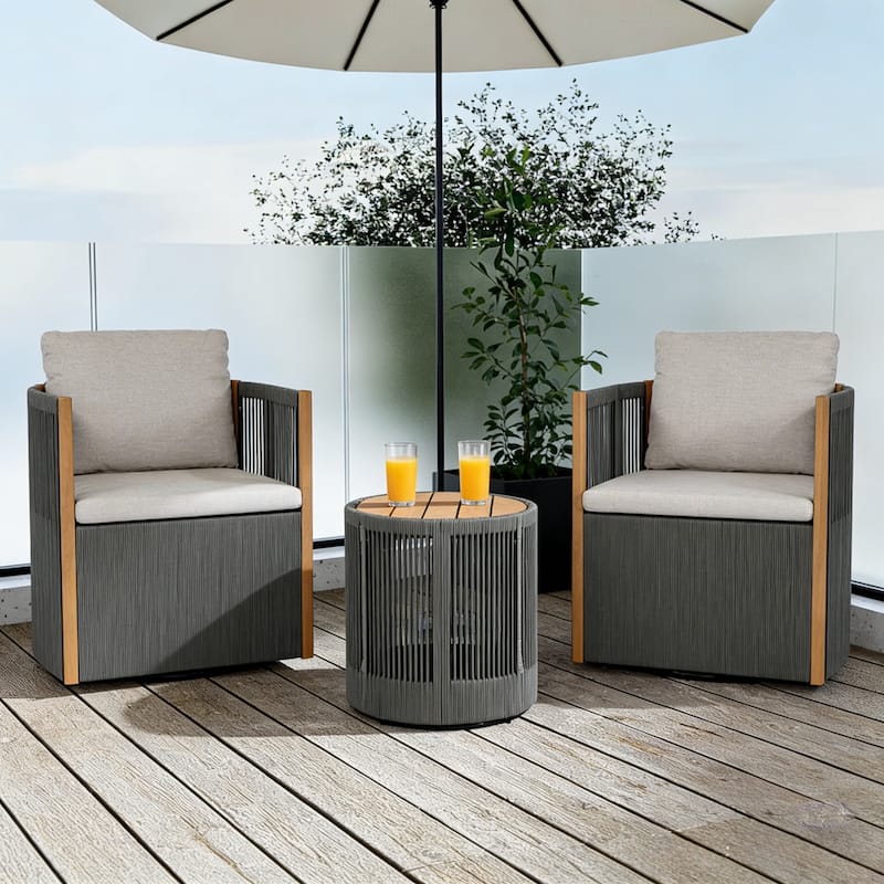 Christopher Knight Home - Orsini Outdoor Acacia Wood Dining Set with 180° Swivel Chairs & 15.00" Round Side Table - 3-Piece Set-Light Grey+Beige