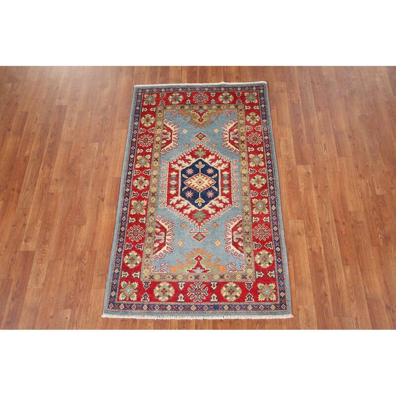 Light Blue Geometric Kazak Rug Entryway Hand-Knotted Wool Carpet - 3'1" x 4'11"