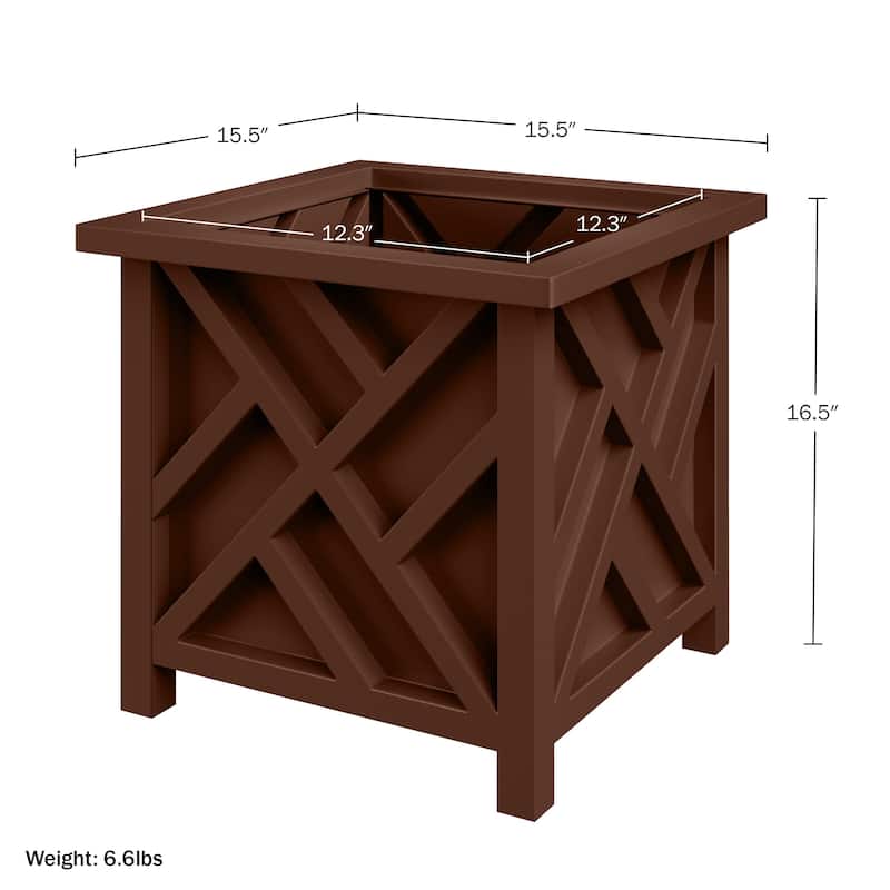 Lattice Design Planter Box - 15.5-Inch-Square Decorative Outdoor Flower or Plant Pot by Pure Garden (Brown)