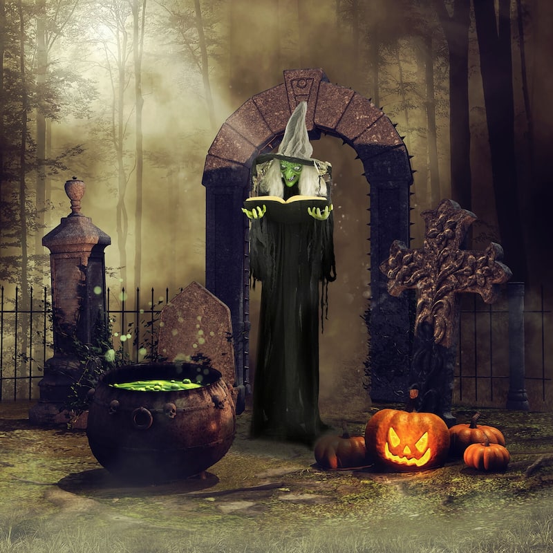 Haunted Hill Farm Life-Size Poseable Witch with Spell Book, Lights and Sound, Indoor/Covered Outdoor Halloween Decoration