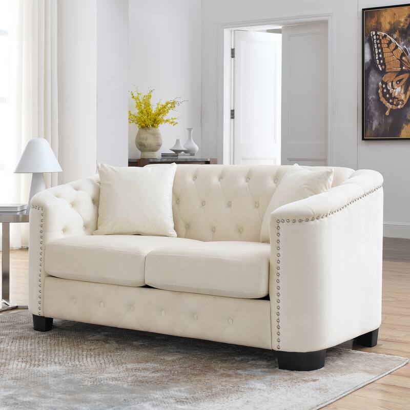 77'' Modern Velvet 3-Seater Sofa with Tufted Backrests, Nailhead Trim, and 2 Pillows