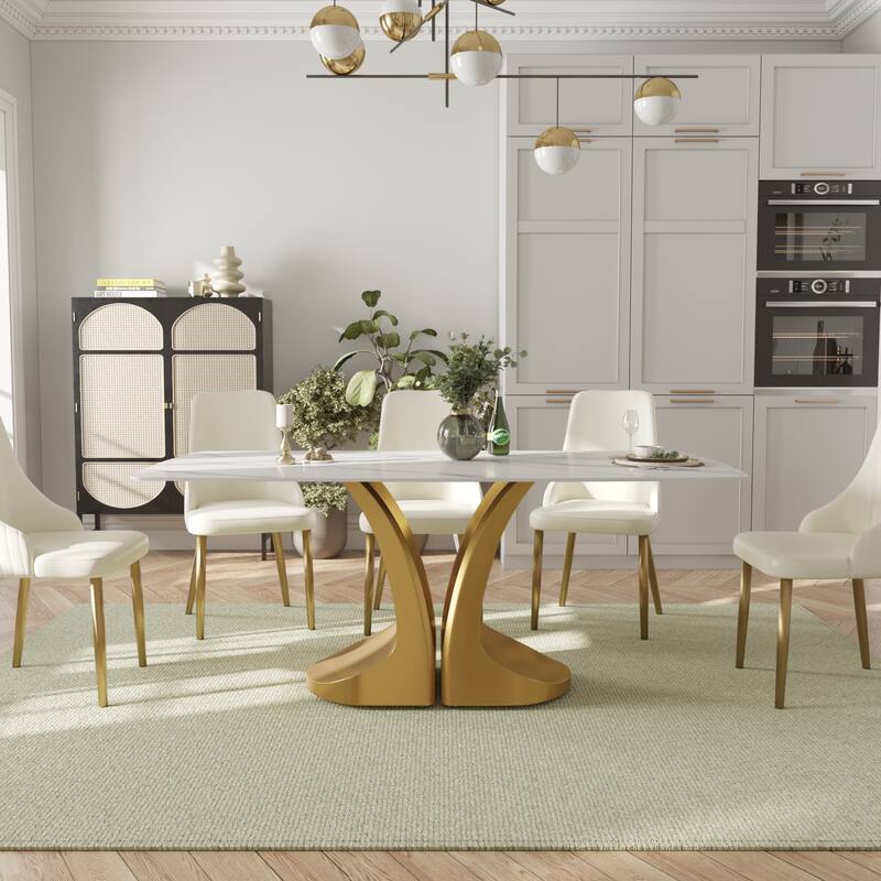 70-Inch Rectangle Marble Dining Table, Modern Sintered Stone Kitchen Dinner Table with Gold Finish Metal Base for 6-8