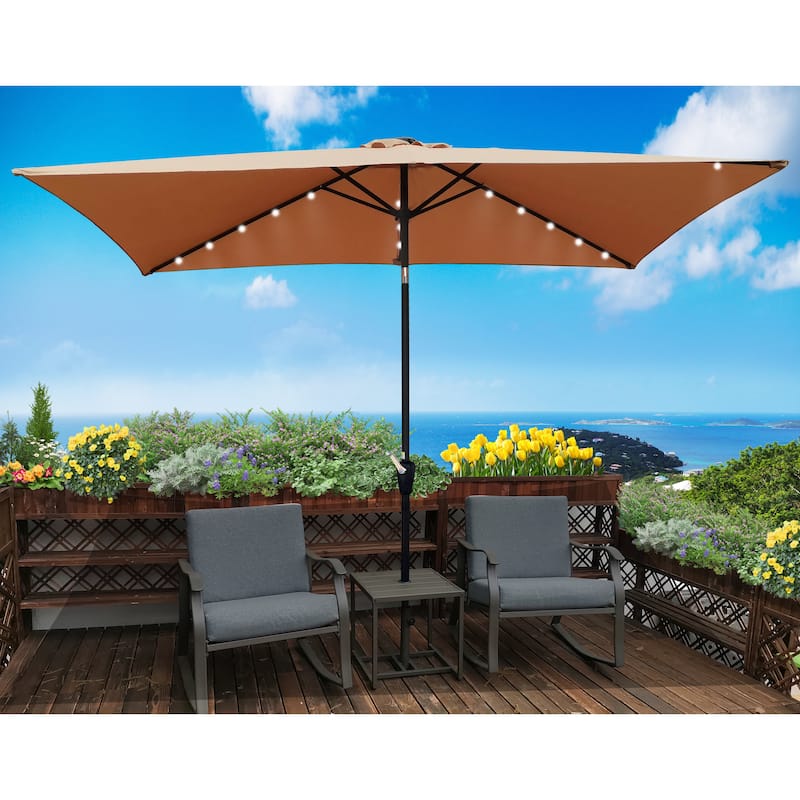 10 x 6.5t Rectangular Patio Solar LED Lighted Outdoor Market Umbrellas with Crank and Push Button Tilt for Garden Shade